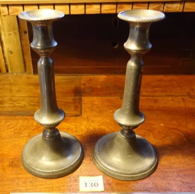 Pair of Late 18th,Early 19th cent Pewter Candlesticks w Gadrooned Borders (130)