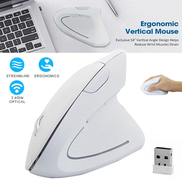 Mouse verticale wireless ottico USB 2,4 GHz 800/1600 DPI 6 pulsanti