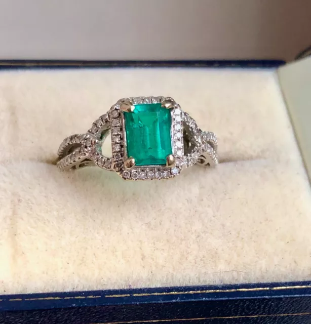 Emerald & Dia Ring 14k White Gold with Appraisal Natural & Chatham Lab Created