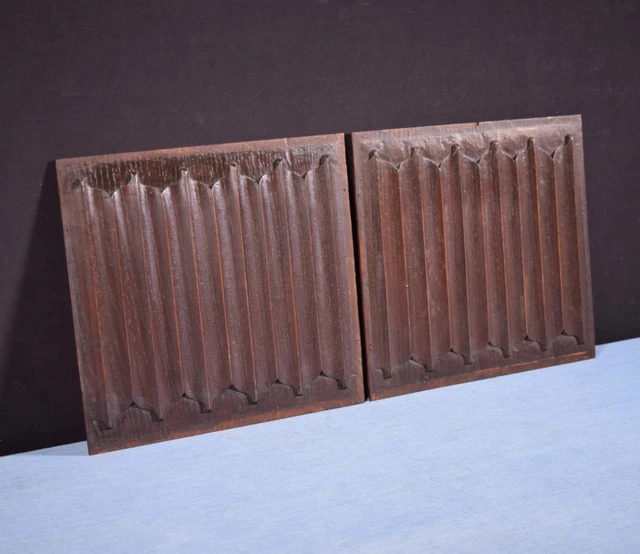 *Pair of French Antique Gothic Revival Panels in Solid Oak Wood Linen Fold 3