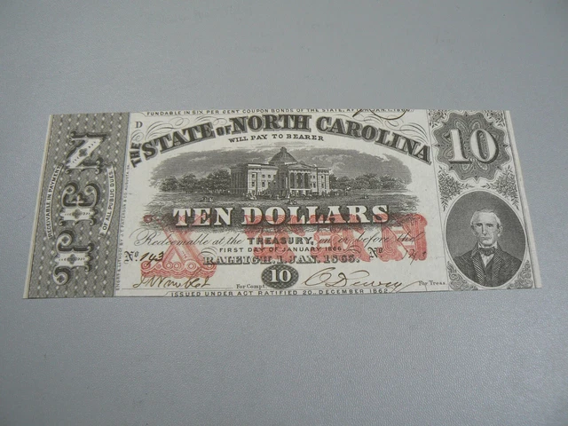 State of North Carolina $10 1863 Civil War Era Banknote Obsolete Currency
