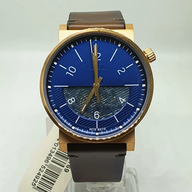 Montre Fossil Automatique Homme Barstow - Cadran Squelette Bleu - Bracelet Cuir Brun - Boîtier Acier 42mm - Neuve