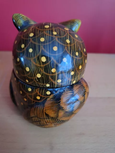 Clay Pottery Hand Painted Two Piece Trinket Owl Box, 9cm H. 3