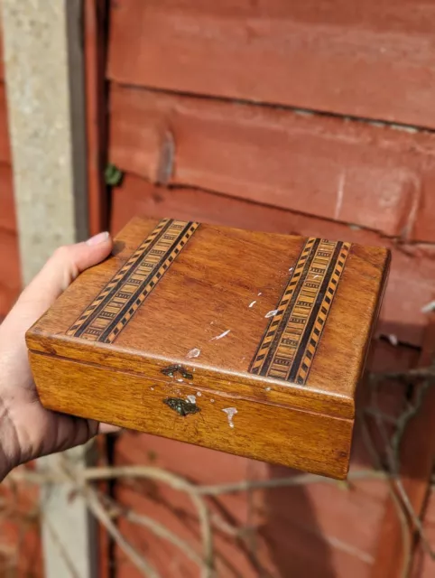 Antique Inlaid Wooden Jewellery Box or Keepsake Box or Stationery Box