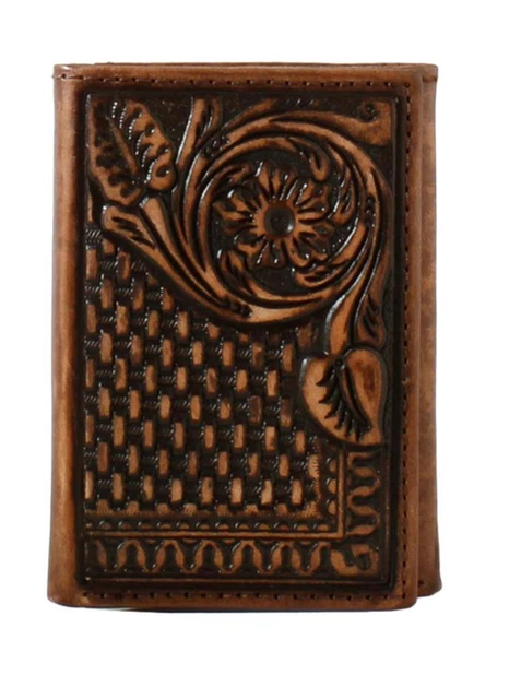 3D Western Mens Wallet Trifold Leather Weave Floral Brown D250004602