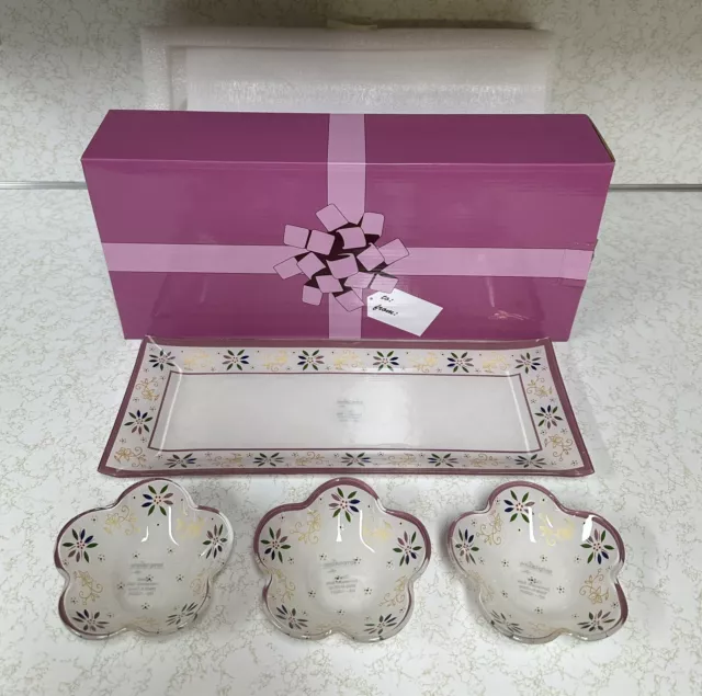 Bandeja para servir de vidrio confeti rosa Temptations by Tara y 3 cuencos nueva en caja