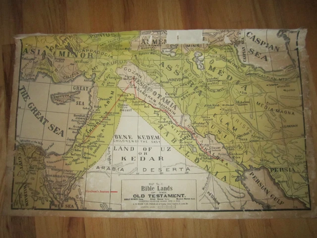 Vtg. Peerless Sunday School Map #4 "Bible Lands"-  28" X 17"- Heavy Linen Paper