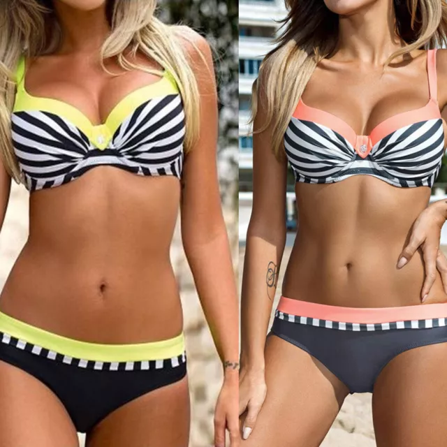 Women Sexy Beach Bikini Set Padded Bra Bandeau Striped Print Patchwork Swimsuit