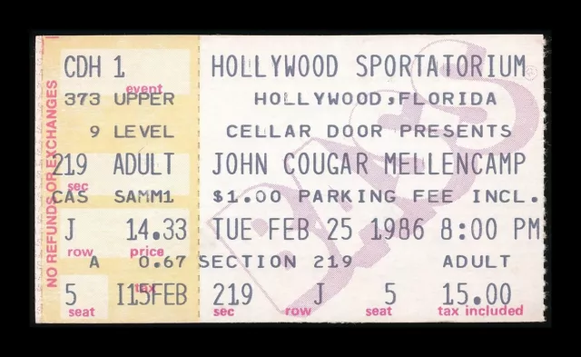 John Cougar Mellencamp vintage 1986 concert ticket stub 02.25.86 - Hollywood FL