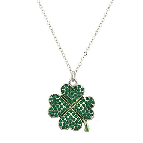 Pave St. Patricks Day Four Leaf Clover Shamrock Charm Necklace
