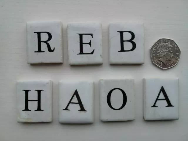 7 x Miniature / Small Ceramic Letter Tiles - 29mm x 35mm - R  O  A   H  A  B  E