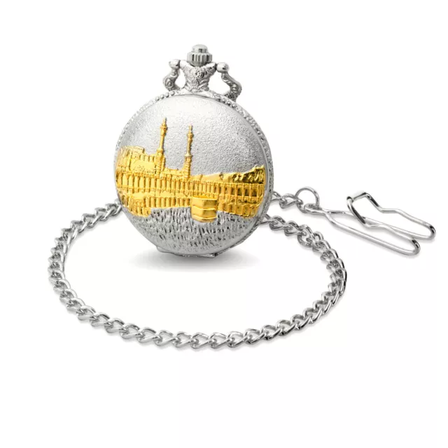 Edle Taschenuhr von Fame Kaaba Mekka Allah Islam Gold Silber Farben Uhr m. Kette