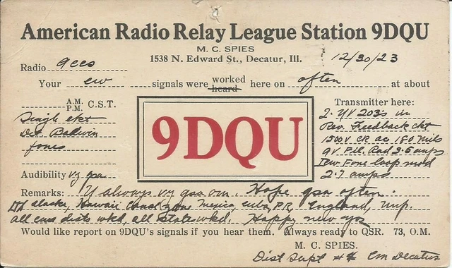 Vintage Ham Radio Qsl Cards 1923   9Dqu   Decatur, Il.