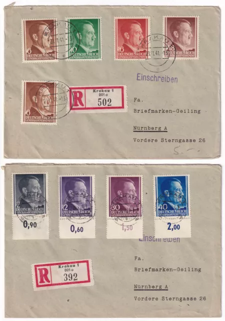 Generalgouvernement ex. Mi.Nr. 71 - 82 auf 2 R-Briefen, Krakau - Nürnberg 1941