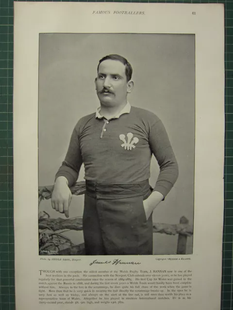 1897 Print Famous Rugby Players ~ J. Hannan Welsh Rugby Team Newport Team