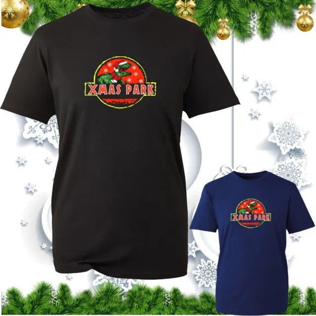 Merry Christmas Xmas Park T-Shirt Santa Hat & Scarf T-Rex Dinosaur Xmas Rex Top