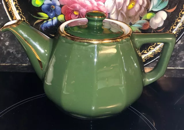 Vintage Apilco France green and gold bistro ware teapot