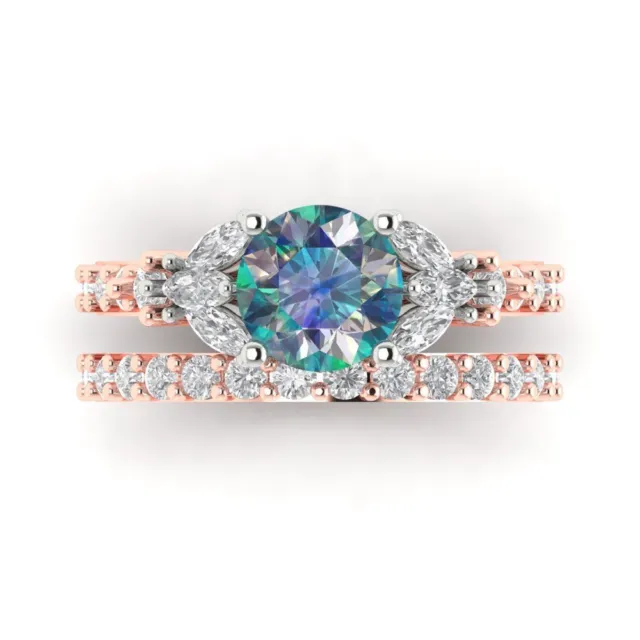2.72 RD Marquise 3 stone Blue Moissanite Promise Bridal Ring set 14k 2 tone Gold