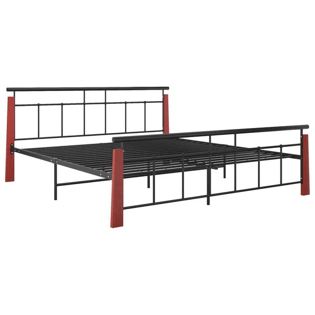 DARK BROWN METAL Bed Frame with Solid Oak Wood, 180x200 cm, Sturdy