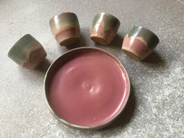 Rare Upchurch Stoneware Pottery Set Of Four Eggcups And Matching Tray