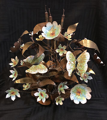 MCM Brutalist Flowers Butterflies Leaves Copper Brass Enamel Sculpture Art