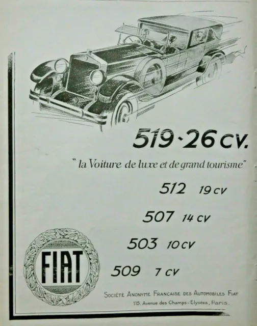 1926 Fiat 519 - 26 Hp Luxury Car & Grand Tourism Press Advertisement