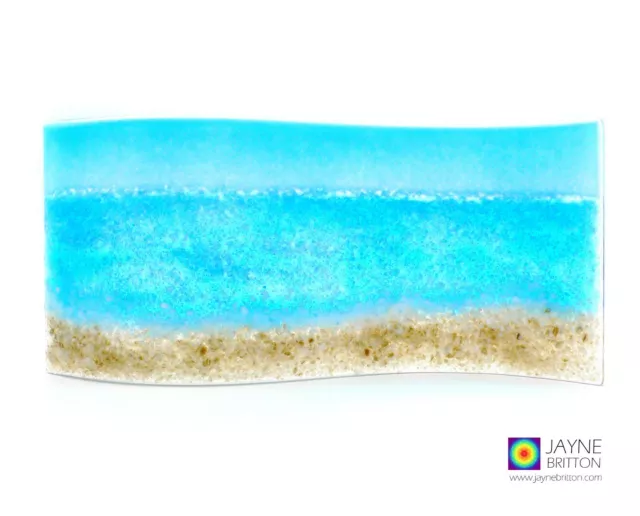 Beach and sea curved panel, handmade fused glass, self standing art