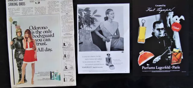 3 x full page Deodorant & Perfume ads Odorono 1969 Yardley 1940s & Lagerfeld 80s