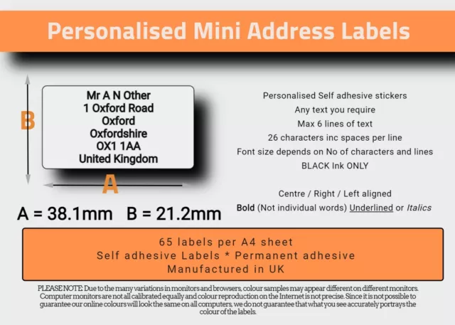 1300 Personalised Self Adhesive Pre Printed Mini Return Address Labels