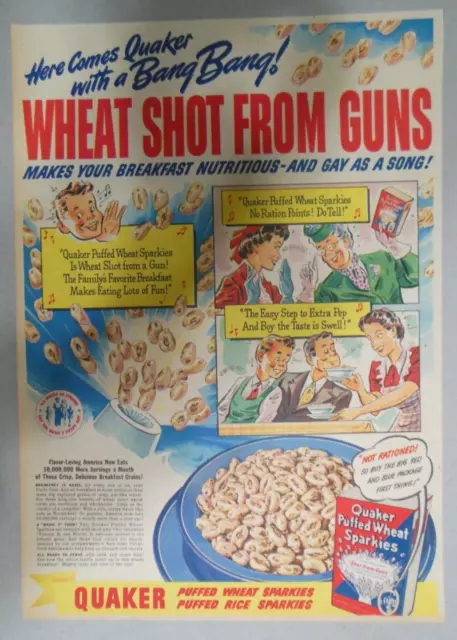 Quaker Cereal Ad: "Wheat Shot From Guns" Wartime from 1944 Size: 11 x 15 inches