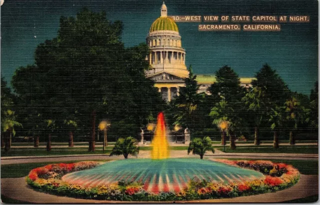 West View State Capitol Night Sacramento CA California Linen Postcard PM Cancel