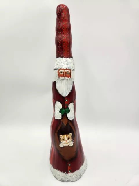 Hand Painted Wooden Santa w/Cat in Red Sack Signed and Dated 2006 16.5" Tall