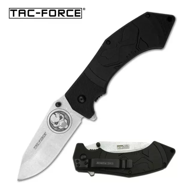 Spring-Assist Folding Knife | Tac-Force Stone Skull Blade Black Tactical EDC