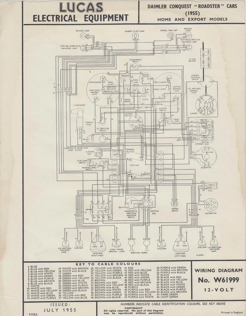 ORIGINAL LUCAS WIRING Diagram for the 1955 Daimler Conquest Roadster £