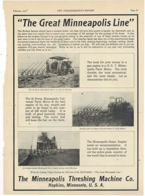 1912 Minneapolis Threshing Machine Ad: Steam Engine, 20 & 25 HP "Farm Motors"
