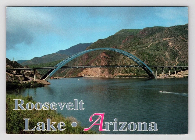 Postcard 4x6 AZ Roosevelt Lake Suspension Bridge Boat Mountains View Arizona