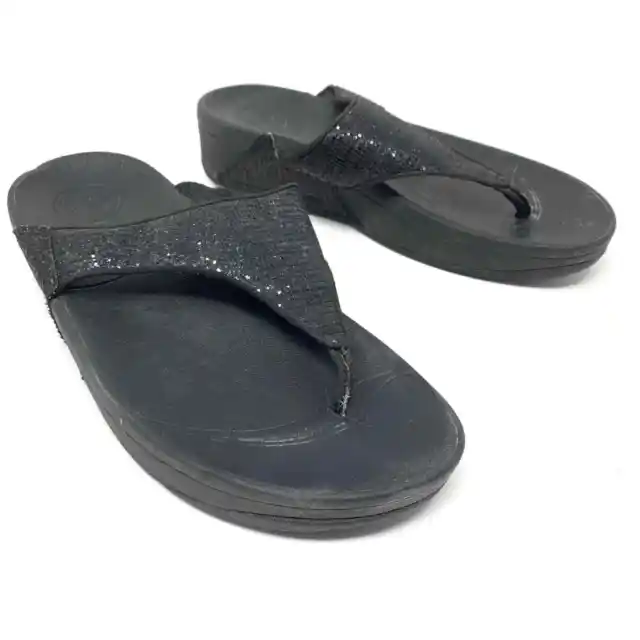 FitFlop Women's Sz 7 Rubber Sole Lottie Thong Sandals Lightweight Black Sparkle