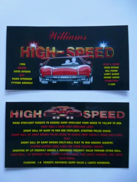 * * 'HIGH SPEED' Williams 1986 Custom Instruction/Apron Cards * * (New)