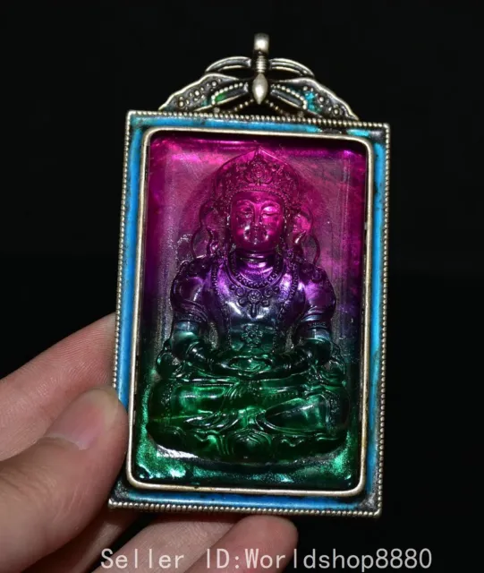 3.2" Old China Silver Inlay Color Amitayus longevity God Goddess Amulet Pendant