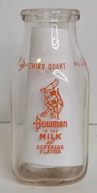 VINTAGE BOWMAN DAIRY Milk Bottle Unusual One Third Quart Archer Chicago ...