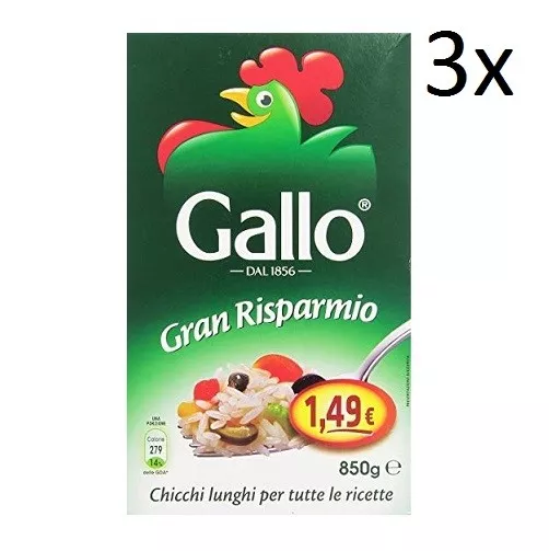 3x Riso Gallo Gran Risparmio Lange Bohnen Reis 850 g Italienisch Parboiled