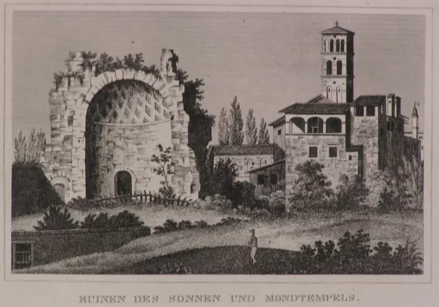 stampa originale del 1834 Tempio del Sole e Luna Roma passepartout cm 25x30