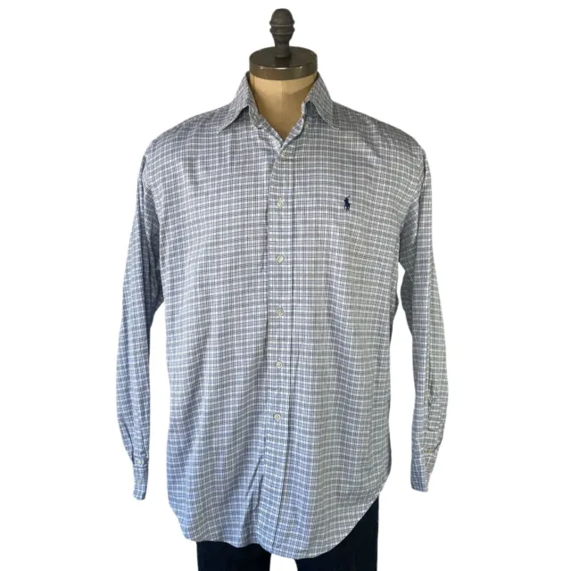 Ralph Lauren Camicia Vintage a Quadri Celesti Bianco da Uomo - Taglia L Yarmouth