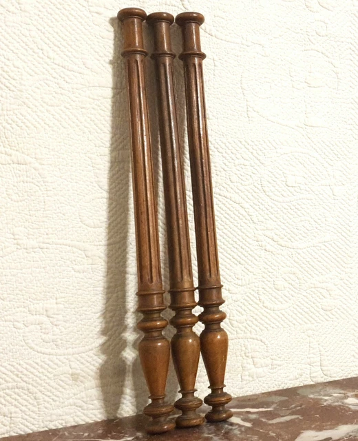 3 Wood baluster groove carving column - Antique French architectural salvage 17"