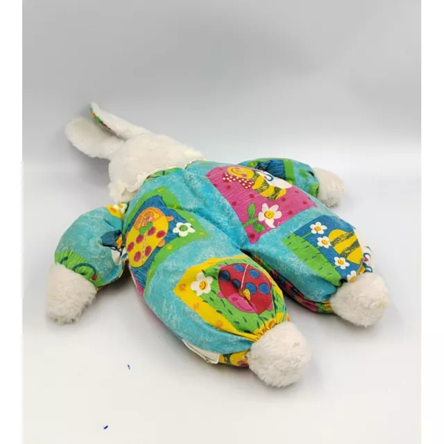 Ancien doudou peluche lapin blanc bleu vert rose abeille coccinelle  - 33467 2