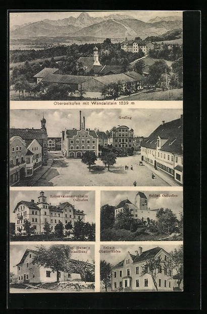 AK Oberoelkofen, Marktplatz mit Hotel Grafing, Schule, Hubers Handlung, Rekonva