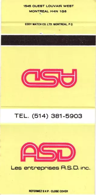 Montreal Quebec Canada Les Enterprises ASD Inc., Vintage Matchbook Cover