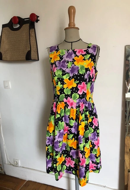 Robe De Plage Années 80 Handmade - Taille 38, 100% Coton, Dos Nu, Imprimé Fleurs