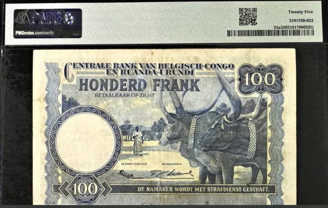 Belgian Congo 100 Francs Pick# 25a 1952-53 PMG 25 Very Fine Banknote 2