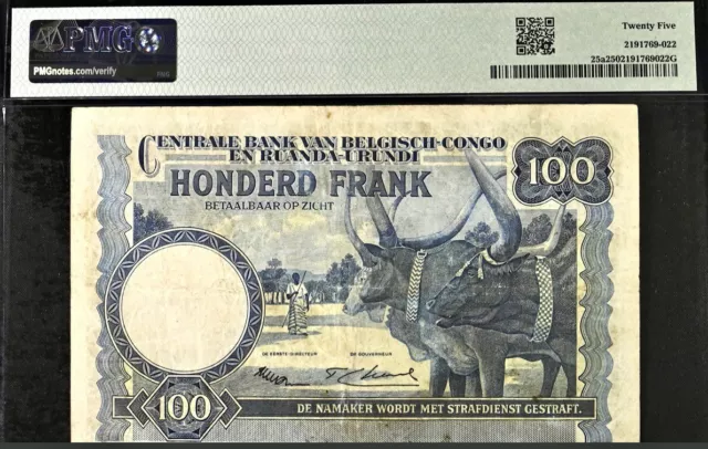 Billete de banco Belga Congo 100 francos selección # 25a 1952-53 PMG 25 muy fino 2